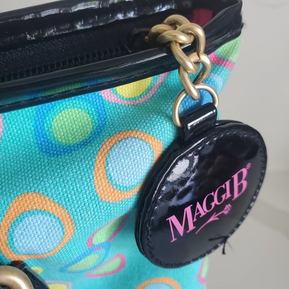 MAGGIE B Whimsy Shopping Girl Tote Bag Black Teal Yellow Polka Dots Canvas Charm - Picture 6 of 9